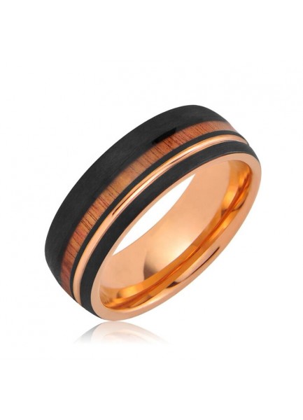 Rose gold Tungsten Ring, with Koa Wood and  plated rose gold inlay