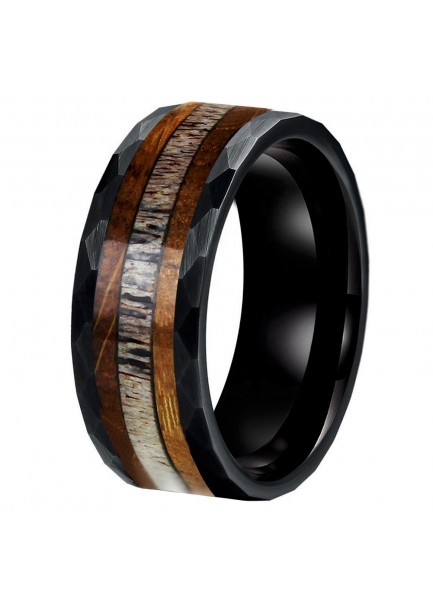 Men's Faceted Tungsten Ring With Antler and wood Inlay