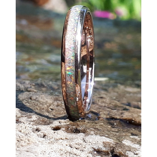 Tungsten Rose Gold Ring with crushed white opal inlay 4mm