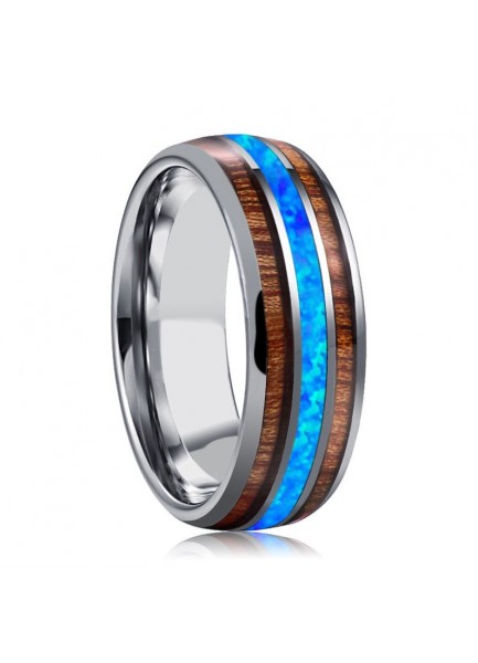 Tungsten Ring With Koa Wood and Opal Inlay