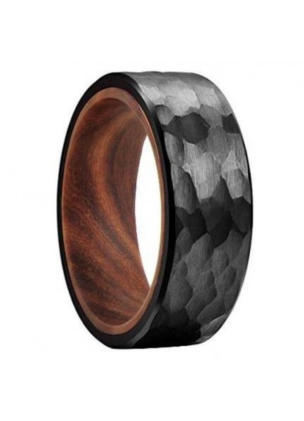 Hammered Tungsten Carbide Ring with Inner Wood Inlay
