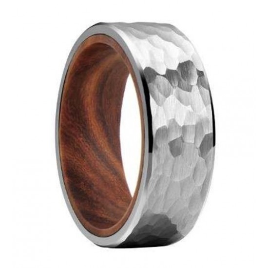 Hammered Tungsten Carbide Ring with Inner Wood Inlay