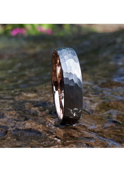 Hammered Tungsten 6mm Ring with Rose Gold Band