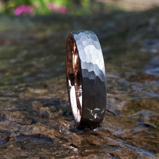 Hammered Tungsten 6mm Ring with Rose Gold Band