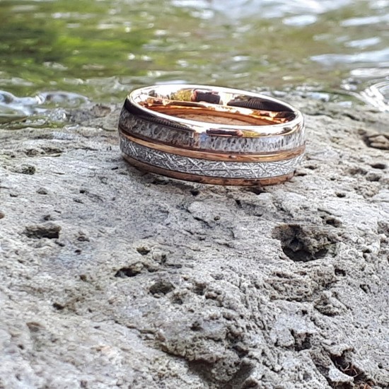 Meteorite Deer Antler Rose Gold Tungsten Wedding Ring